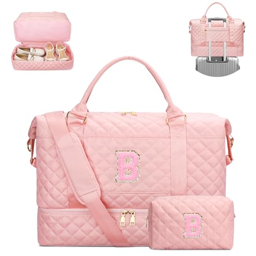 CLOUDWINGS Gifts for Daughter Girls Birthday Christmas Initial Travel Duffle Bag Quilted Weekender Bags Carry-On Overnight with Cosmetic Bag, Gym Bag with Shoe Compartment, Pink-B - Image 1