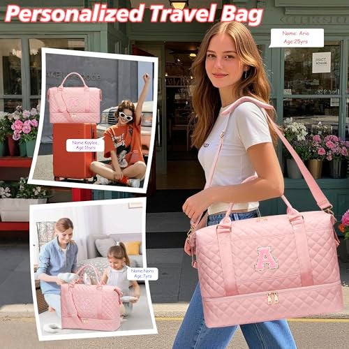 CLOUDWINGS Gifts for Daughter Girls Birthday Christmas Initial Travel Duffle Bag Quilted Weekender Bags Carry-On Overnight with Cosmetic Bag, Gym Bag with Shoe Compartment, Pink-B - Image 3