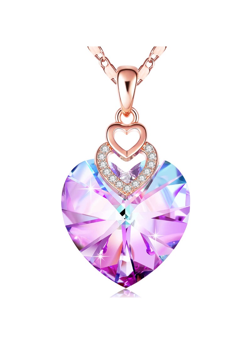 PLATO H PLATO H 3 Hearts Crystal Necklace for Women, Pendant Engraved Love You - Wedding Gifts for Her Anniversary Mother's Day Valentine’s Day Birthday - in Gift Box, Amethyst Pink Rose Gold Plated  - Image 1