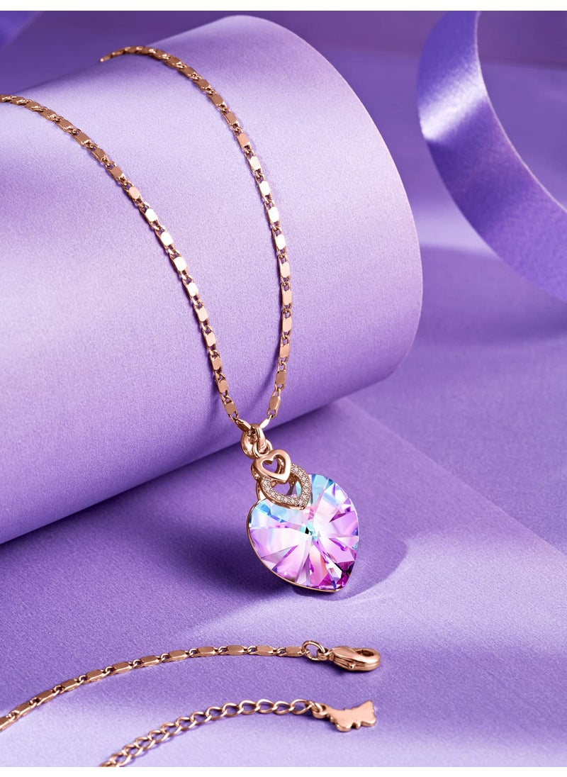 PLATO H PLATO H 3 Hearts Crystal Necklace for Women, Pendant Engraved Love You - Wedding Gifts for Her Anniversary Mother's Day Valentine’s Day Birthday - in Gift Box, Amethyst Pink Rose Gold Plated  - Image 2