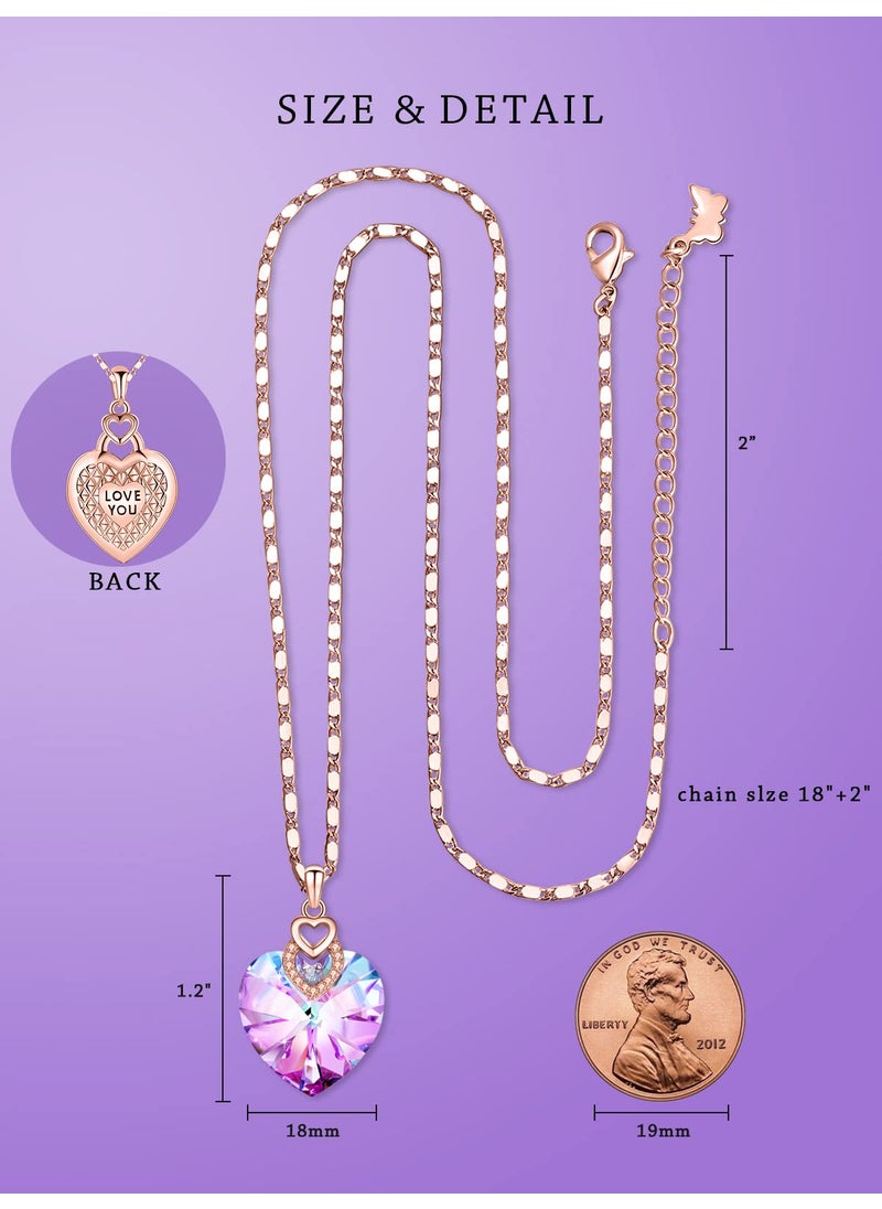 PLATO H PLATO H 3 Hearts Crystal Necklace for Women, Pendant Engraved Love You - Wedding Gifts for Her Anniversary Mother's Day Valentine’s Day Birthday - in Gift Box, Amethyst Pink Rose Gold Plated  - Image 3