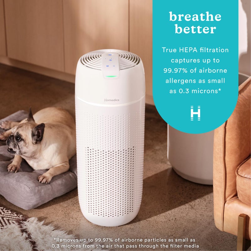 HoMedics منقي الهواء هوميدكس، 4 في 1 برج للغرف الكبيرة جداً حتى 1,692 قدم مربع، فلترة HEPA بنسبة 99% للدخان، والمواد المسببة للحساسية، والملوثات، والغبار، ووبر الحيوانات الأليفة مع تقنية UV-C - Image 2