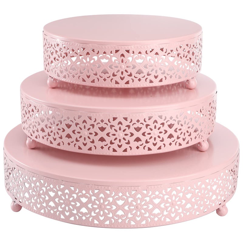 Hedume 3Piece Metal Cake Stand Set Pink Round Cake Stand Dessert Cupcake Pastry Candy Display Plate for Wedding Birthday Party Event
