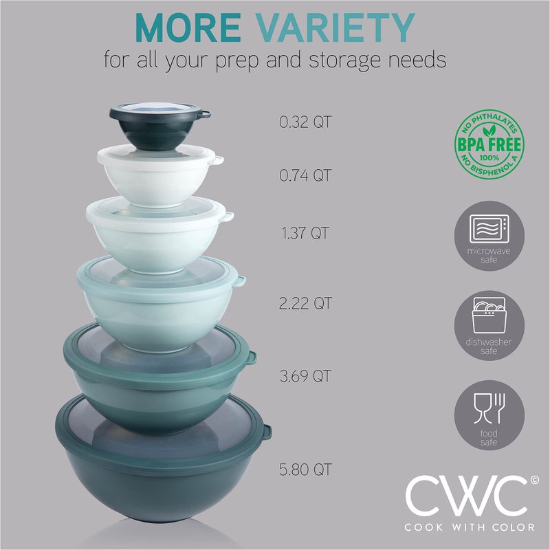 COOK WITH COLOR أوعية خلط ملونة مع أغطية TPR - مجموعة 12 قطعة من الأوعية البلاستيكية المتداخلة تشمل 6 أوعية تحضير و6 أغطية، مجموعة أوعية خلط آمنة للاستخدام في الميكروويف (أخضر مائل إلى الأزرق) - Image 4