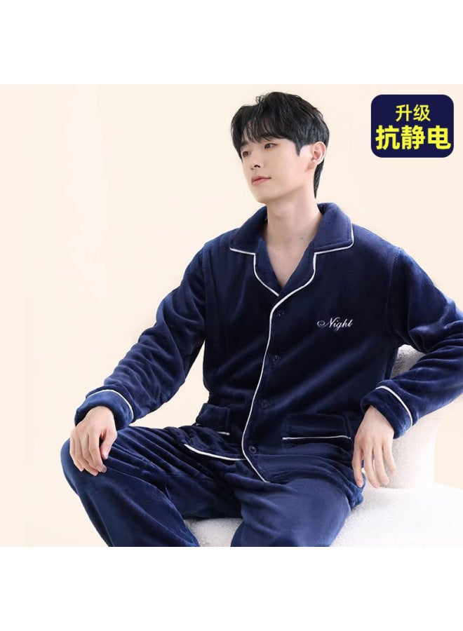 Men's Pajamas, Fleece-lined And Thickened, Coral Fleece, Anti-static, Long-sleeved, Men's Flannel Loungewear, Cardigan, Autumn And Winter