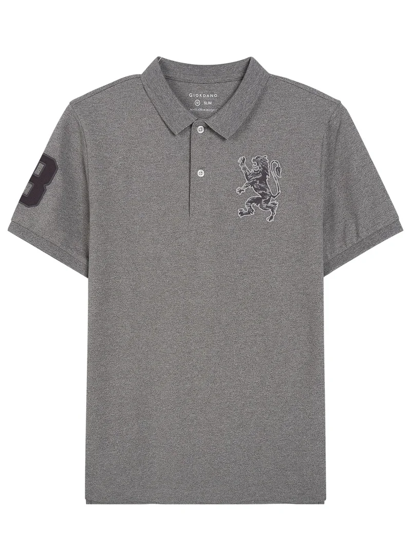 GIORDANO Men's 3D Lion Polo: Slim Fit, Bold Embroidery, Premium Pique