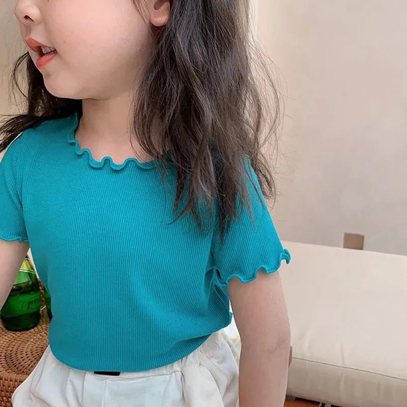 تي شيرت قصير الأكمام من حرير الثلج للفتيات بأسلوب كوري، قمة مزودة بأطراف للأذنين للأطفال، مناسبة لجميع المناسبات، نصف الأكمام - Image 4