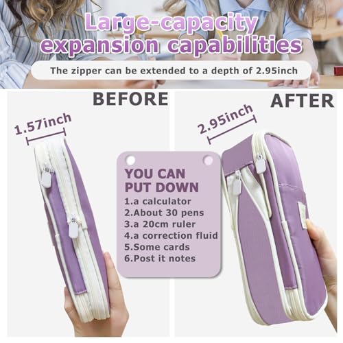 DOUSHI Expandable Large Capacity Canvas Pencil Case | Multi-Compartment Stationery Organizer for School Students | Washable Pen Pouch for Kids Boys Girls (Purple) - Image 3