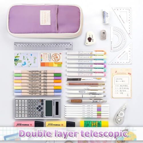 DOUSHI Expandable Large Capacity Canvas Pencil Case | Multi-Compartment Stationery Organizer for School Students | Washable Pen Pouch for Kids Boys Girls (Purple) - Image 5
