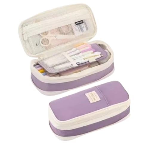 DOUSHI Expandable Large Capacity Canvas Pencil Case | Multi-Compartment Stationery Organizer for School Students | Washable Pen Pouch for Kids Boys Girls (Purple) - Image 1