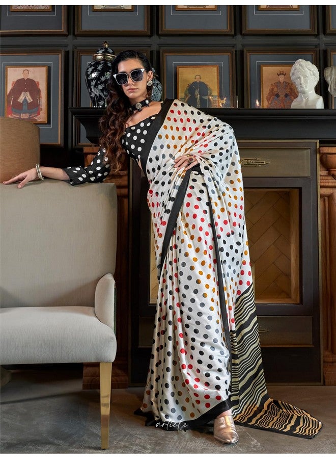 saree mall ساري مول ساري أبيض من الكريب مزين بنقاط بولكا مع قطعة بلوزة غير مخيطة (KONZAI405006_RJ) - Image 4