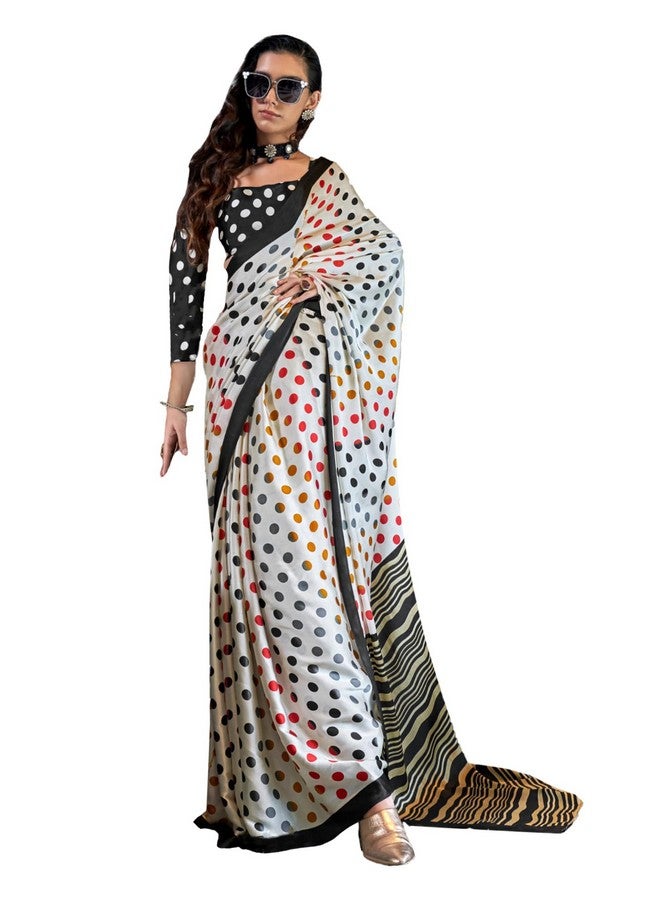 saree mall ساري مول ساري أبيض من الكريب مزين بنقاط بولكا مع قطعة بلوزة غير مخيطة (KONZAI405006_RJ) - Image 1