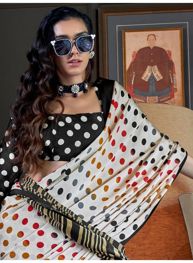saree mall ساري مول ساري أبيض من الكريب مزين بنقاط بولكا مع قطعة بلوزة غير مخيطة (KONZAI405006_RJ) - Image 5