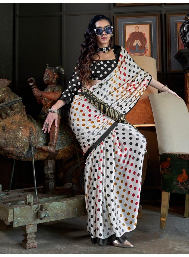 saree mall ساري مول ساري أبيض من الكريب مزين بنقاط بولكا مع قطعة بلوزة غير مخيطة (KONZAI405006_RJ) - Image 2