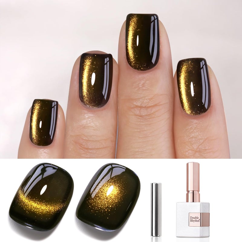 Double Rhythm Cat Eye Gel Polish with Magnet 15ML Glass Holographic Glitter Shimmer Translucent Sheer Color Salon Soak Off Magnetic at Home (Black Gold-MC1146) - Image 1