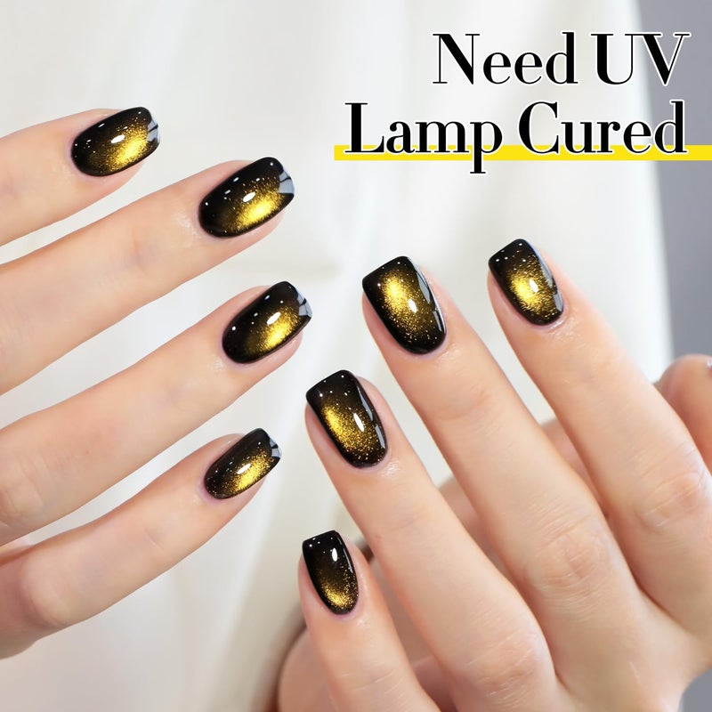 Double Rhythm Cat Eye Gel Polish with Magnet 15ML Glass Holographic Glitter Shimmer Translucent Sheer Color Salon Soak Off Magnetic at Home (Black Gold-MC1146) - Image 3