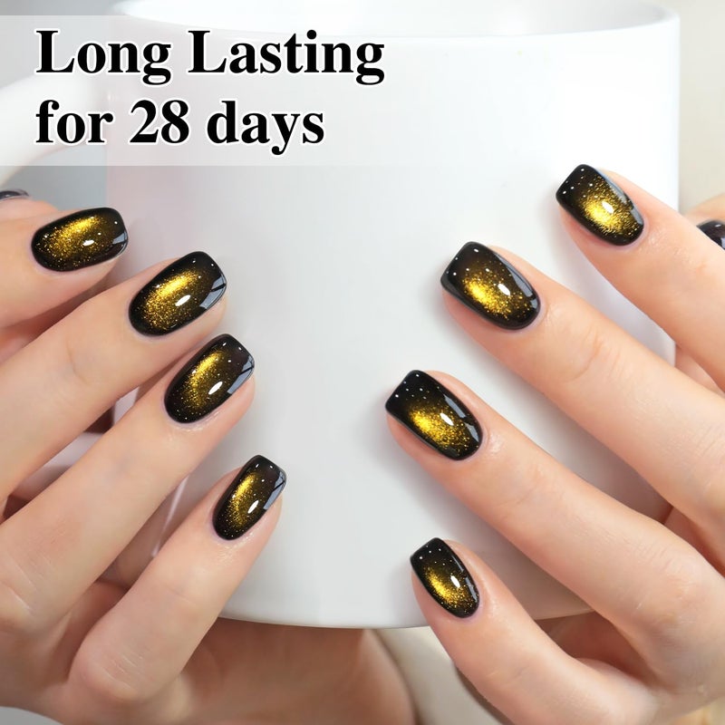 Double Rhythm Cat Eye Gel Polish with Magnet 15ML Glass Holographic Glitter Shimmer Translucent Sheer Color Salon Soak Off Magnetic at Home (Black Gold-MC1146) - Image 5