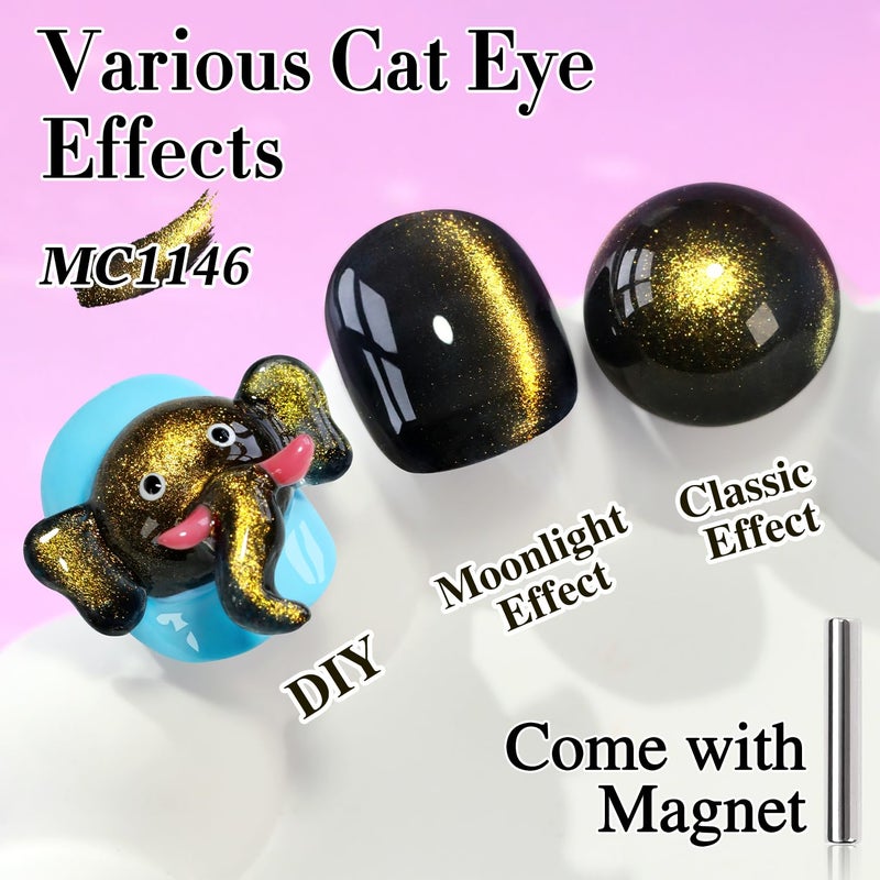 Double Rhythm Cat Eye Gel Polish with Magnet 15ML Glass Holographic Glitter Shimmer Translucent Sheer Color Salon Soak Off Magnetic at Home (Black Gold-MC1146) - Image 2