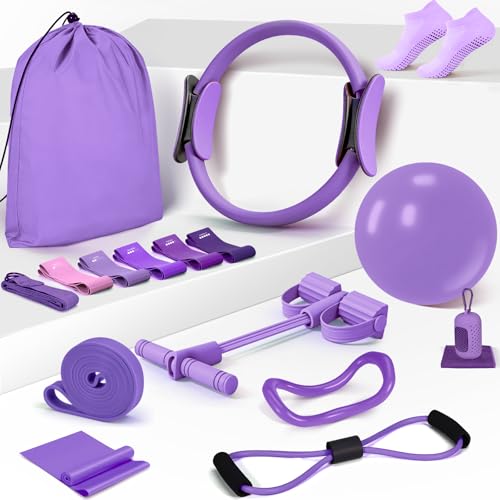 laapee Pilates Essentials Kit for Women 15 Pcs Pilates Equipment for Home Workouts with Yoga Circle Ball Ring 5 Resistance BandsPedal Puller Resistance BandAnti Slip Socks for Starter SetPurple - Image 1