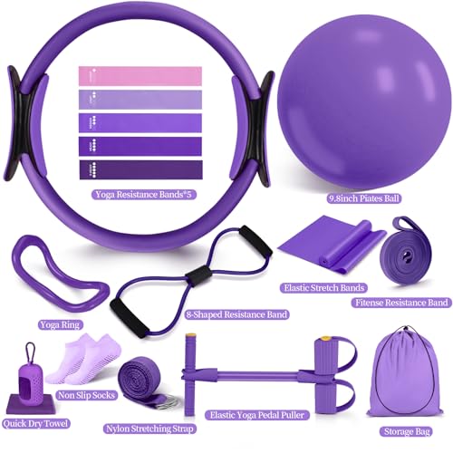 laapee Pilates Essentials Kit for Women 15 Pcs Pilates Equipment for Home Workouts with Yoga Circle Ball Ring 5 Resistance BandsPedal Puller Resistance BandAnti Slip Socks for Starter SetPurple - Image 3