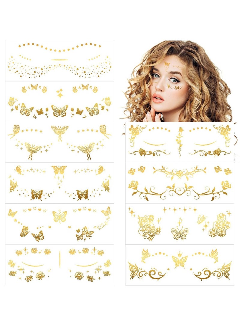 قوس قزح أورينبو وشم مؤقت على شكل فراشة ذهبية لامعة وردية اللون للنساء والفتيات، 10 أوراق، ملصقات مكياج عيون ذهبية معدنية للوجه لأميرة الجنية في الهالوين، هدايا حفلات أعياد الميلاد - Image 1