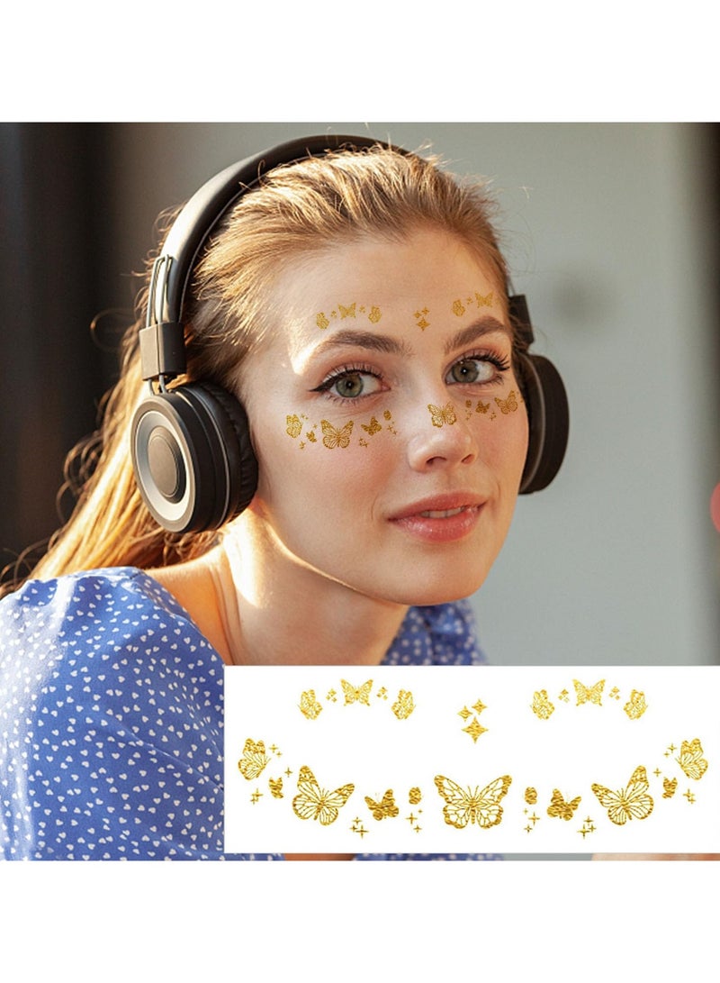 قوس قزح أورينبو وشم مؤقت على شكل فراشة ذهبية لامعة وردية اللون للنساء والفتيات، 10 أوراق، ملصقات مكياج عيون ذهبية معدنية للوجه لأميرة الجنية في الهالوين، هدايا حفلات أعياد الميلاد - Image 3