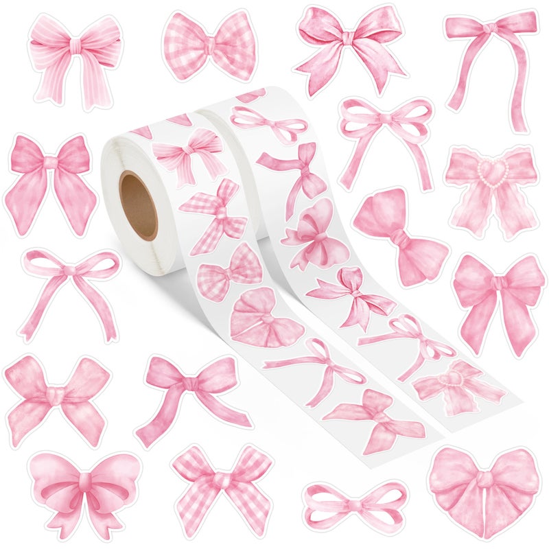 A1diee Pink Coquette Bow Sticker Watercolor Decor Vintage Waterproof Bow Aesthetic for Girls Scrapbook Crafts Laptop Party Favors Windows Water Bottle Decoration1000Pcs in 2 Rolls with 16 Patterns - Image 2