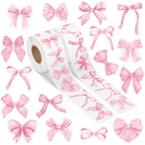 A1diee Pink Coquette Bow Sticker Watercolor Decor Vintage Waterproof Bow Aesthetic for Girls Scrapbook Crafts Laptop Party Favors Windows Water Bottle Decoration1000Pcs in 2 Rolls with 16 Patterns - Image 1