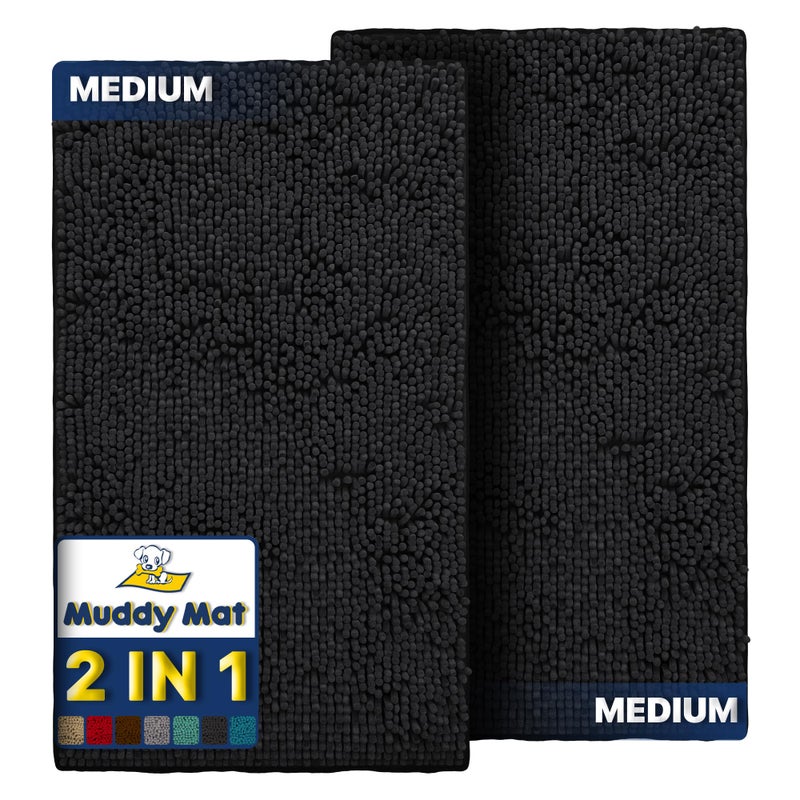 Muddy Mat 2Piece Black Medium 30X19 ASSEENONTV Highly Absorbent Microfiber Door Mat Bath Mat and Pet Rug Non Slip Thick Washable Soft Chenille for Kitchen Bathroom Bedroom Indoor and Outdoor