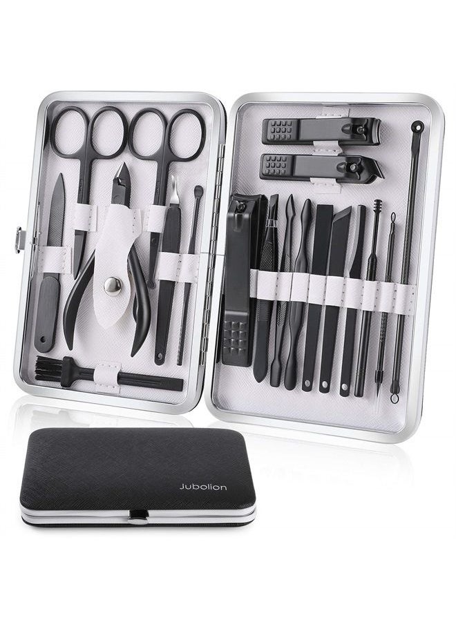 Jubolion - Manicure Set, Jubolion 19pcs Stainless Steel Professional Nail Clippers Pedicure Set with Black Leather Storage Case, Portable Grooming Kit for Travel or Home, Perfect Gifts for Women and Men (Black) - Image 1