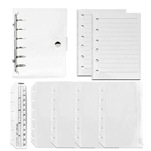 DY.2ten Refillable A7 Notebook Set with Cover - 6 Hole Loose Leaf PVC Binder Cover + 90 sheets (180 Pages) of Lined Paper + 4pcs A7 Zipper Binder Pockets + Ruler,for 6 Ring Binder Journal Notebook - Image 1