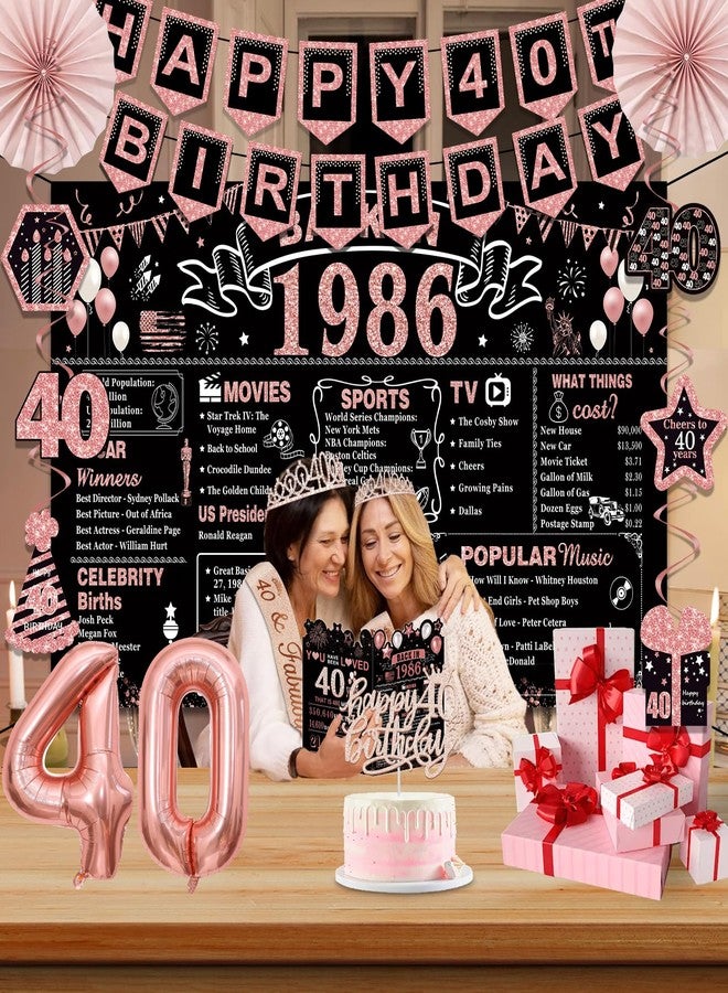 YeohJoy 40th Birthday Decorations for Women,32PCS Back in 1986 Birthday Party Decorations,Including Backdrop, Crown, Sash, banner, Hanging Swirl,Cake Topper,balloons,Paper Fans and Anniversary Card - Image 5