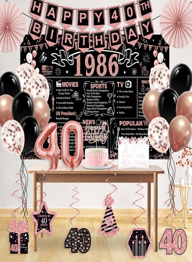 YeohJoy 40th Birthday Decorations for Women,32PCS Back in 1986 Birthday Party Decorations,Including Backdrop, Crown, Sash, banner, Hanging Swirl,Cake Topper,balloons,Paper Fans and Anniversary Card - Image 3