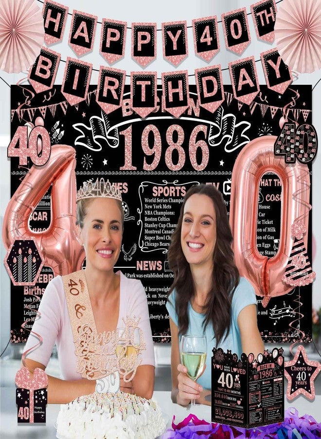 YeohJoy 40th Birthday Decorations for Women,32PCS Back in 1986 Birthday Party Decorations,Including Backdrop, Crown, Sash, banner, Hanging Swirl,Cake Topper,balloons,Paper Fans and Anniversary Card - Image 4