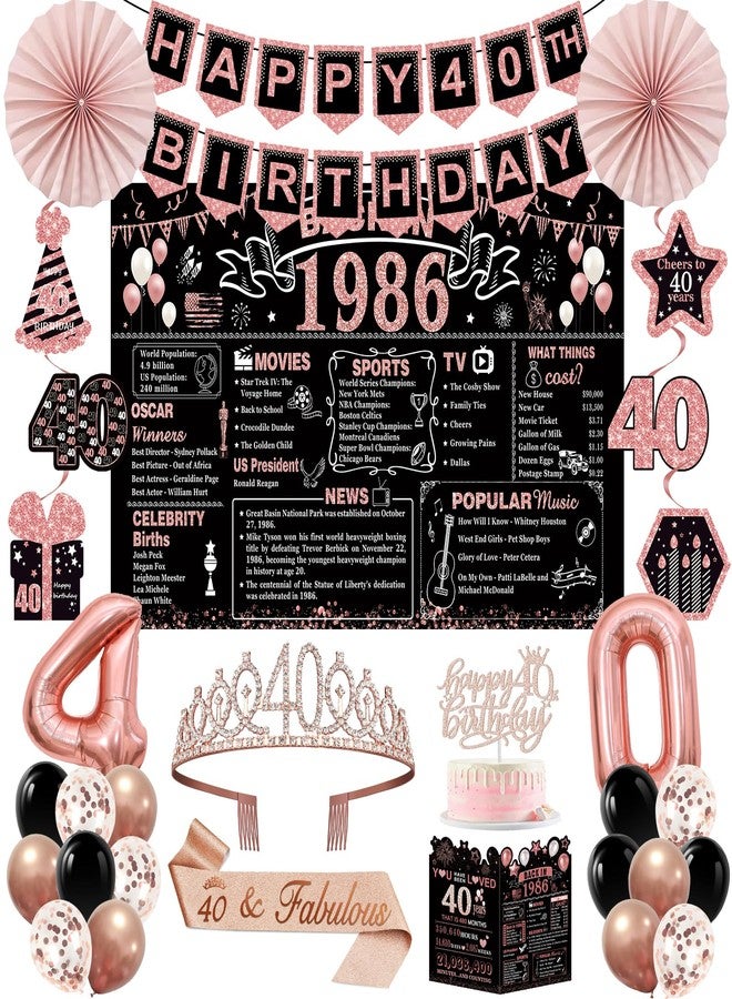 YeohJoy 40th Birthday Decorations for Women,32PCS Back in 1986 Birthday Party Decorations,Including Backdrop, Crown, Sash, banner, Hanging Swirl,Cake Topper,balloons,Paper Fans and Anniversary Card - Image 1