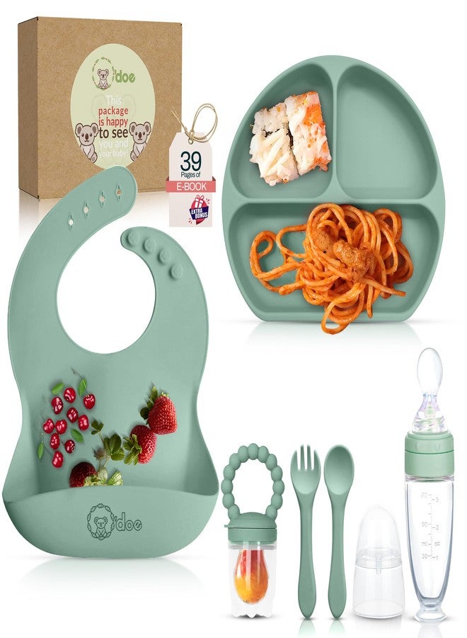O'doe 6-Piece Bpa-Free Silicone Solid Baby Feeding Set | Soft Suction Plates, Baby Food Bowl, Wooden Fork & Spoon, and More | Make Mealtime Fun and Easy for Your Little One - Image 1