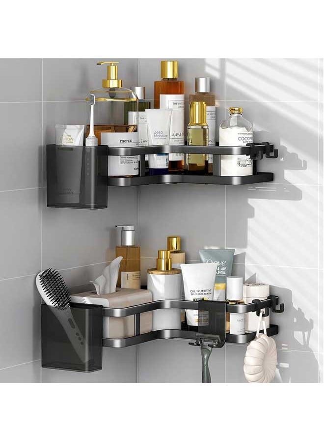 Tiokkss Shower Shelf No Drilling Black Corner Shelf, Pack of 2 Shower Shelves, Black Corner, Bathroom Organiser with 4 Hooks, Shower Shelf Shower Accessories, Shampoo Holder for Shower for Bathroom  - Image 1