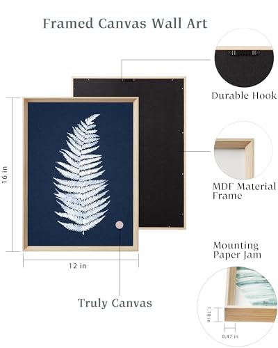UPWOIGH Wood Framed Wall Art, Minimalist 12x16in Botanical Wall Decor, Fern Plants Framed Prints, White Leafs Tropical Plants,Blue Naval Background High-Frame Process,Bedroom,Set of 3 - Image 3