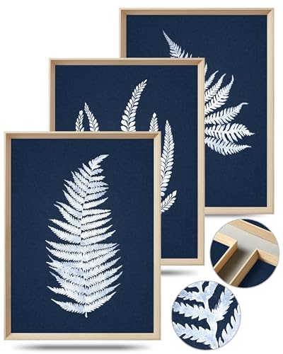 UPWOIGH Wood Framed Wall Art, Minimalist 12x16in Botanical Wall Decor, Fern Plants Framed Prints, White Leafs Tropical Plants,Blue Naval Background High-Frame Process,Bedroom,Set of 3 - Image 1