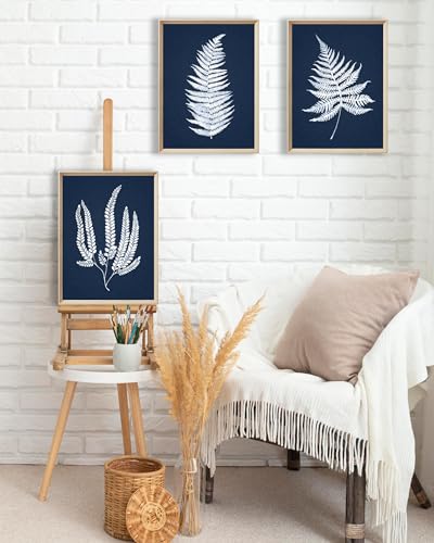 UPWOIGH Wood Framed Wall Art, Minimalist 12x16in Botanical Wall Decor, Fern Plants Framed Prints, White Leafs Tropical Plants,Blue Naval Background High-Frame Process,Bedroom,Set of 3 - Image 4