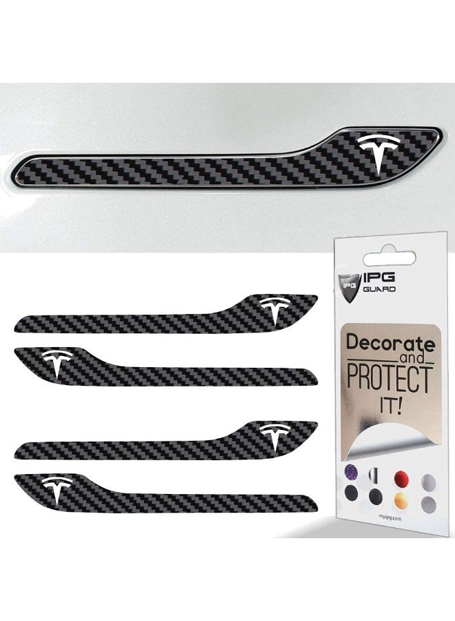 IPG for Tesla Model 3 / Model Y Door Handle Decal Sticker Wrap Kit (Set of 4) with Tesla Logo (Black Carbon Fiber) - Image 2