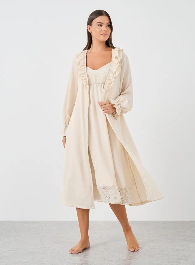 Styli Styli Solid Strappy Slip Dress and Robe with Ruffle Set
