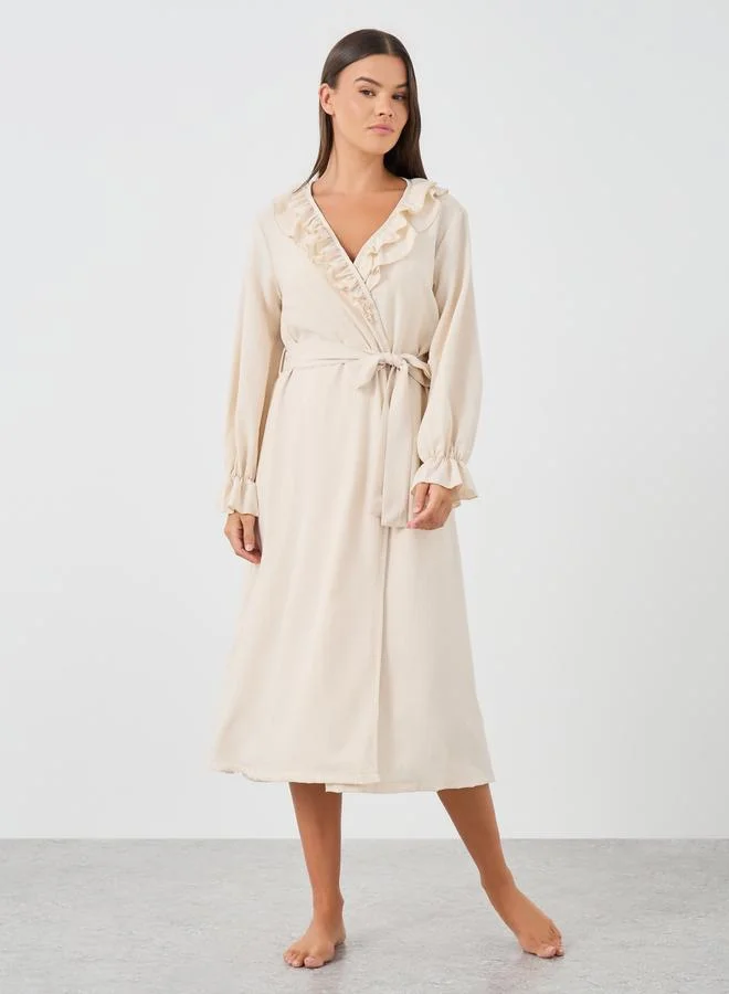 Styli Styli Solid Strappy Slip Dress and Robe with Ruffle Set
