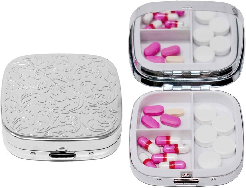 Stephanie Imports Silver Etched Floral Print Pill Box for Women