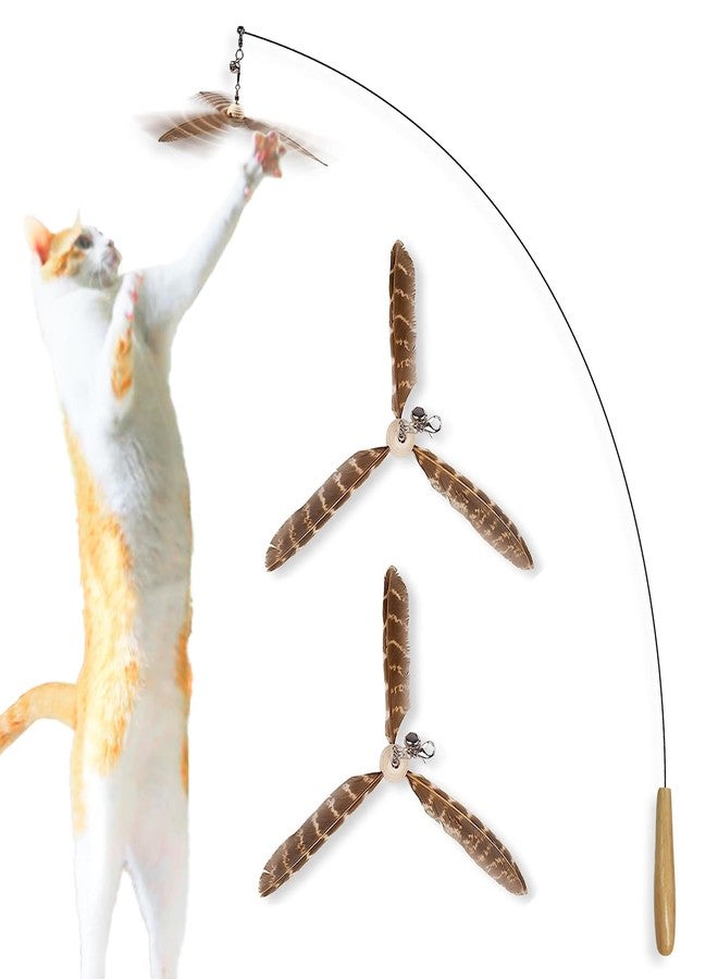 SunGrow Brown Feather Wand, Interactive Indoor Cat Toy with 1 Fishing Pole (34”) and 3 Feather Teasers (7”), Flexible Rod, Feline Fitness and Entertainment, 1 Set Per Pack - Image 1