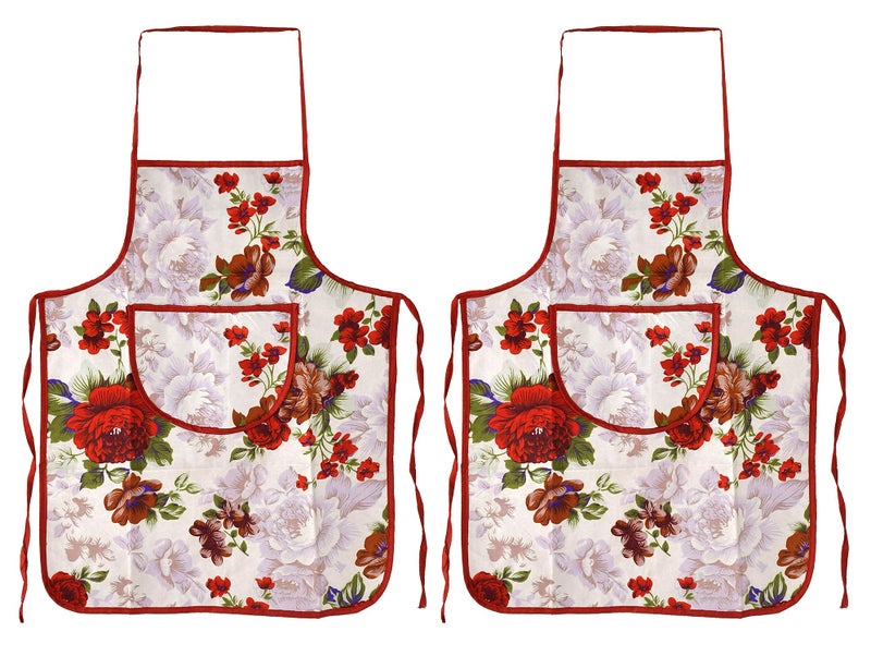 Kuber Industries Flower Printed Apron with 1Front Pocket, Pack of 2 (Red) - Image 1