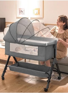 Baby Bedside Crib,Baby Bassinet Sleeper for Newborn Infant,Baby Cradle with Storage Basket Lockable Wheels Adjustable Height,Beside Baby Bed，Dark Grey