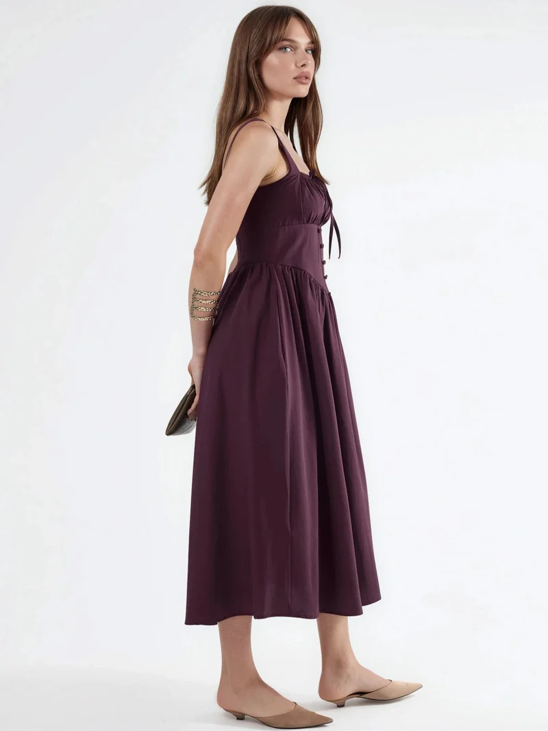 بوسيم BUSEM Midi Dress with Square Collar and Button Detail