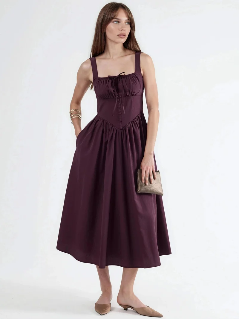 بوسيم BUSEM Midi Dress with Square Collar and Button Detail