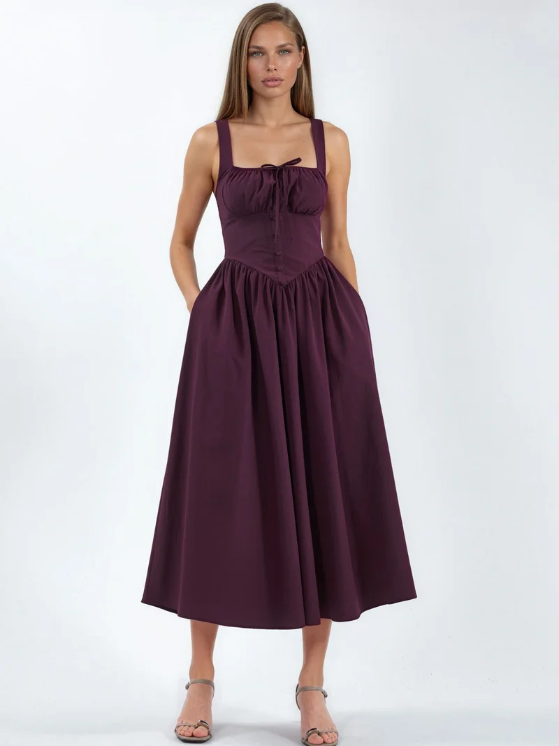 بوسيم BUSEM Midi Dress with Square Collar and Button Detail